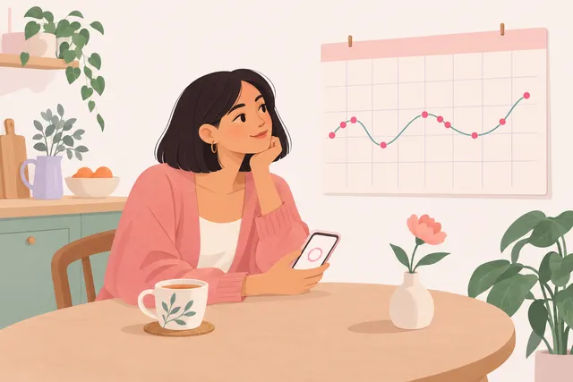 Illustration of a woman with tea looking at a calendar with unevenly spaced period dots
