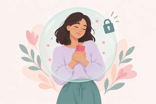 Illustration of a woman holding her phone to her chest inside a clear bubble, with a padlock beside her
