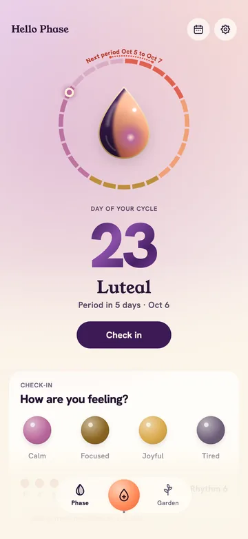 Hello Phase home screen showing day 23 of the cycle, the luteal phase and a daily check-in
