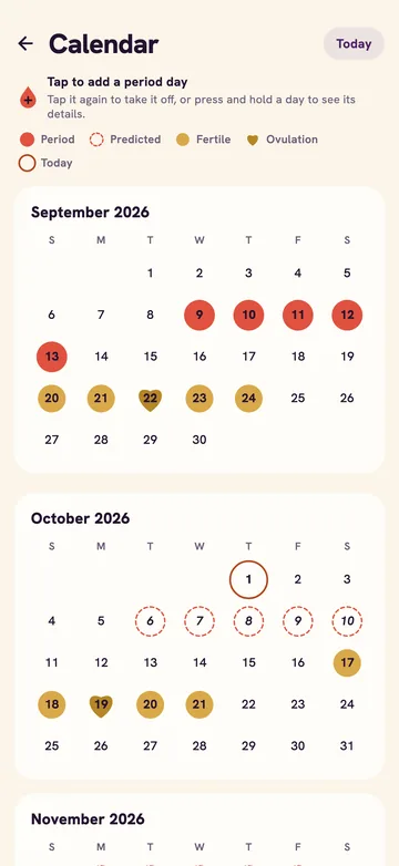 Hello Phase calendar with logged period days, predicted days and the fertile window