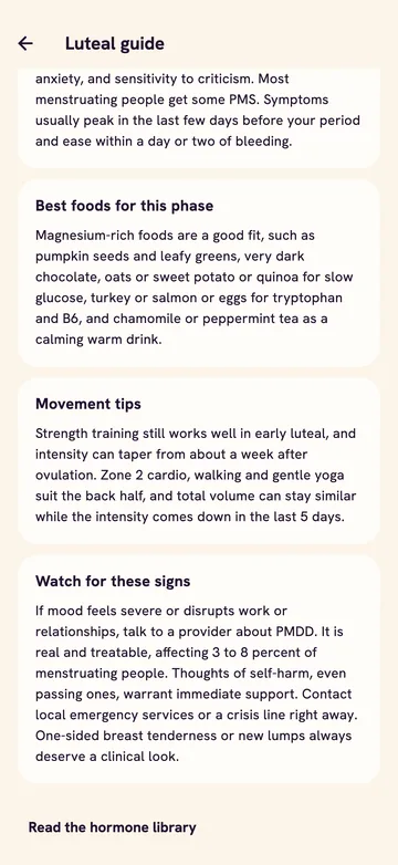 Hello Phase luteal phase guide with the Best foods for this phase and Movement tips sections
